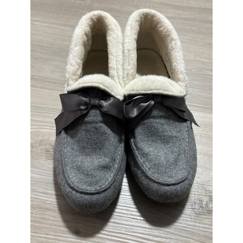Vionic Shirley Charcoal Gray Faux Fur Lined Moccasin Slippers Bow 10010656 size8 - Picture 2 of 5